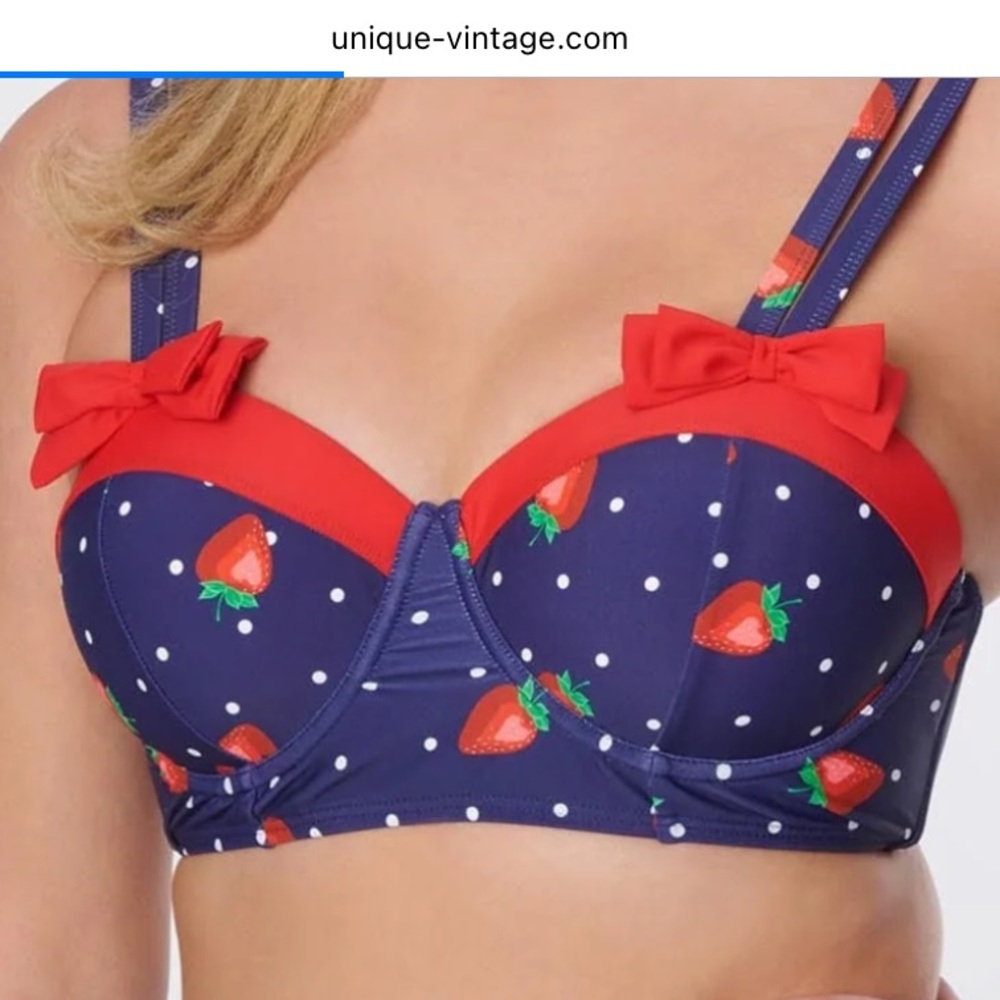Unique Vintage Navy and Red Strawberry Bikini Top